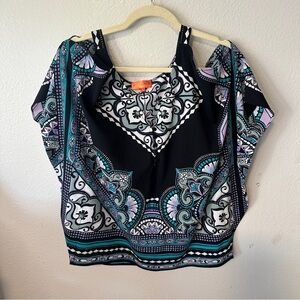 Hale Bob Cabana top small print open shoulder strapped flowy blouse